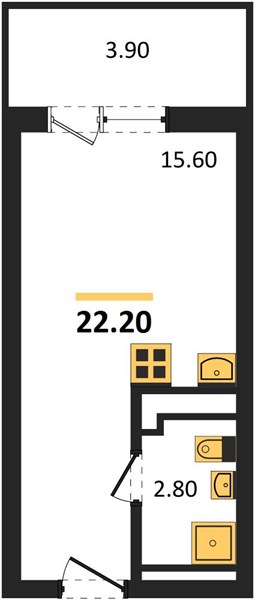 1-комнатная, 22,2 м² — планировка