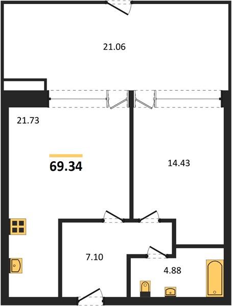 1-комнатная, 69,34 м² — планировка