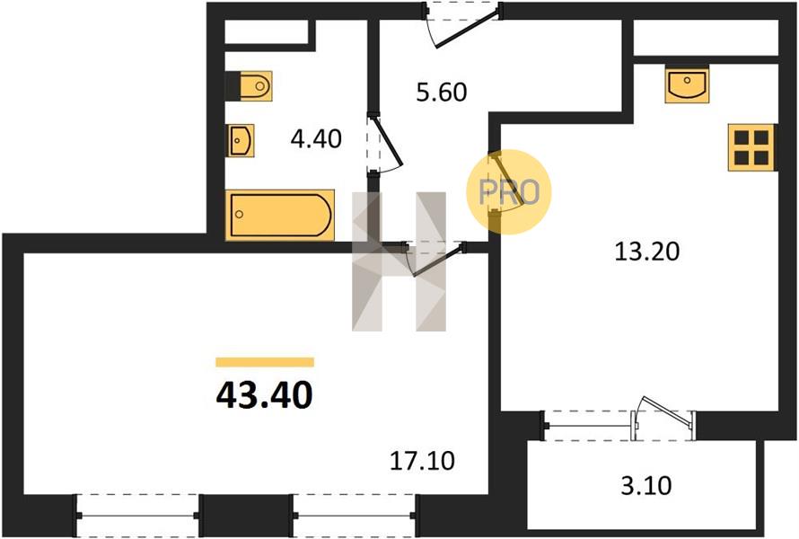1-комнатная 43.4 м2 в ЖК Новый восход корпус null этаж 3