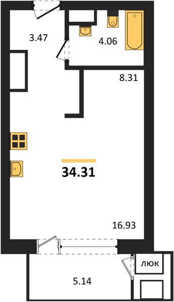 Студия, 34,31 м² — планировка