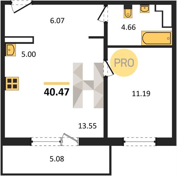 1-комнатная 40.5 м2 в ЖК ЖК «Парковый Премиум» корпус null этаж 8