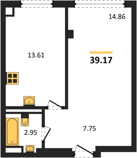 1-комнатная, 39,17 м² — планировка