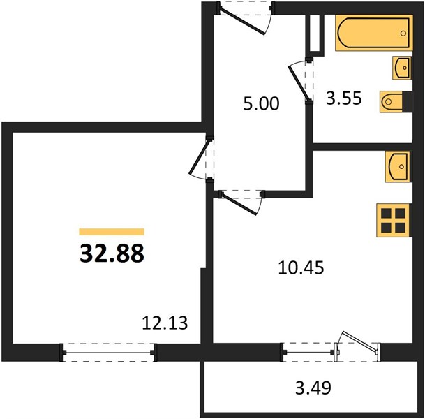 1-комнатная, 32,88 м² — планировка