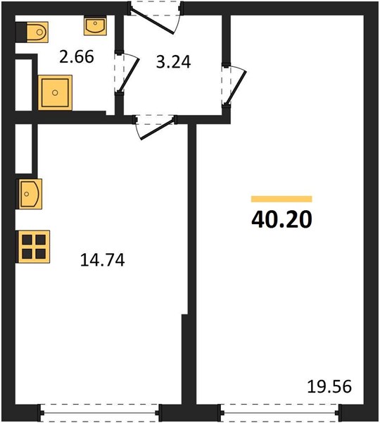 1-комнатная, 40,2 м² — планировка