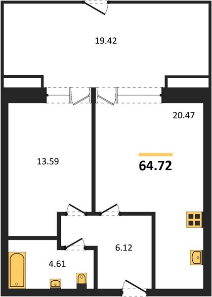 1-комнатная, 64,72 м² — планировка