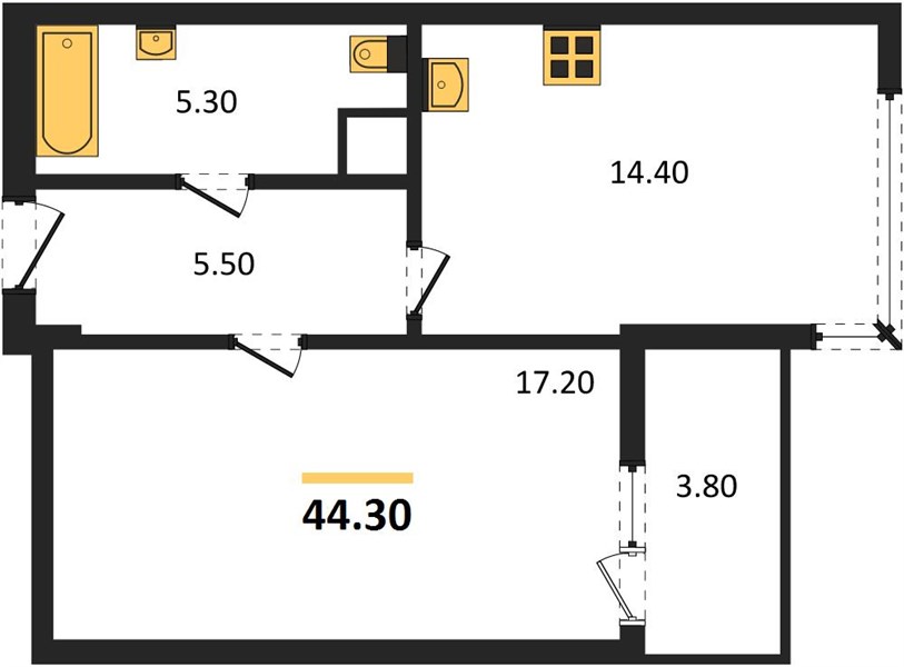 1-комнатная, 44,3 м² — планировка