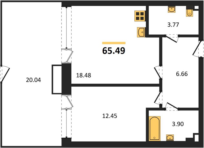 1-комнатная, 65,49 м² — планировка