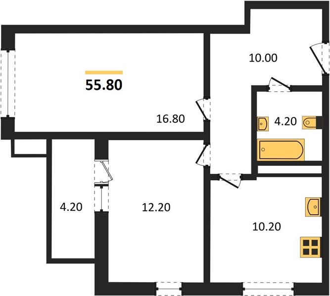 2-комнатная, 55,8 м² — планировка