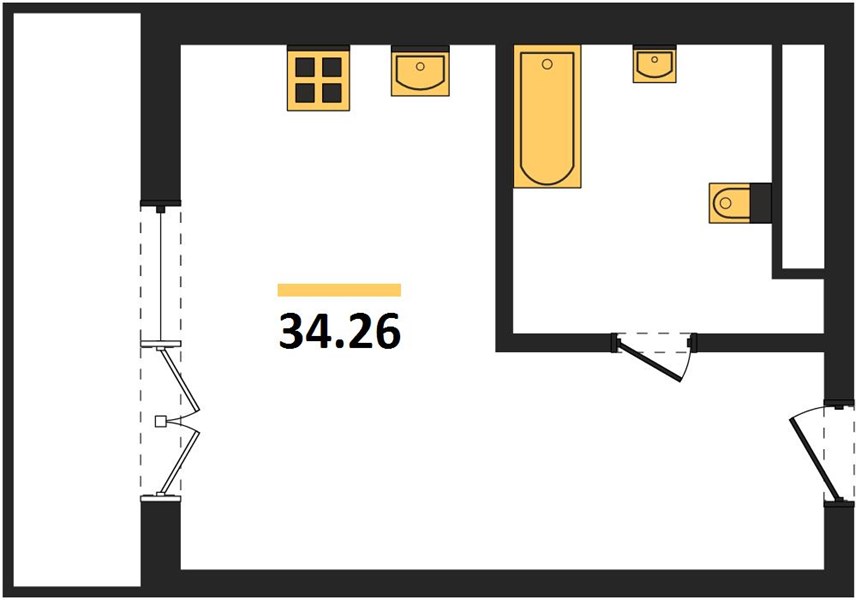 1-комнатная, 34,26 м² — планировка