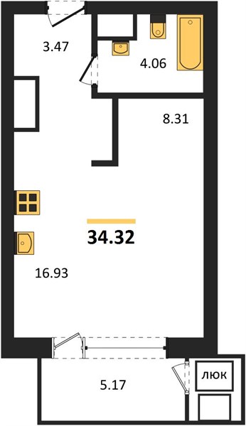 Студия, 34,32 м² — планировка