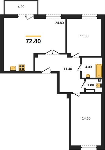2-комнатная, 72,4 м² — планировка