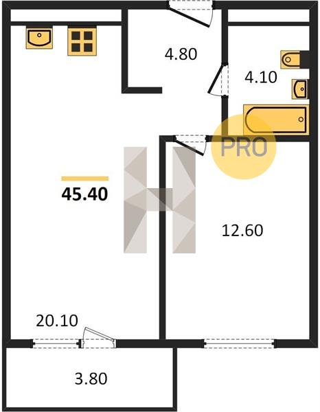 1-комнатная 45.4 м2 в ЖК Новый Сосновый корпус null этаж 12