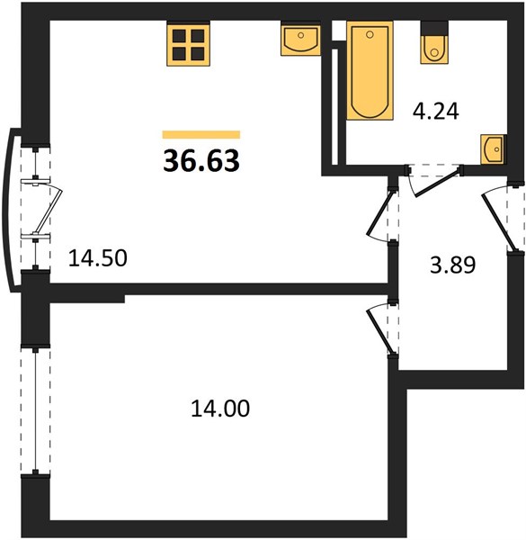 1-комнатная, 36,63 м² — планировка