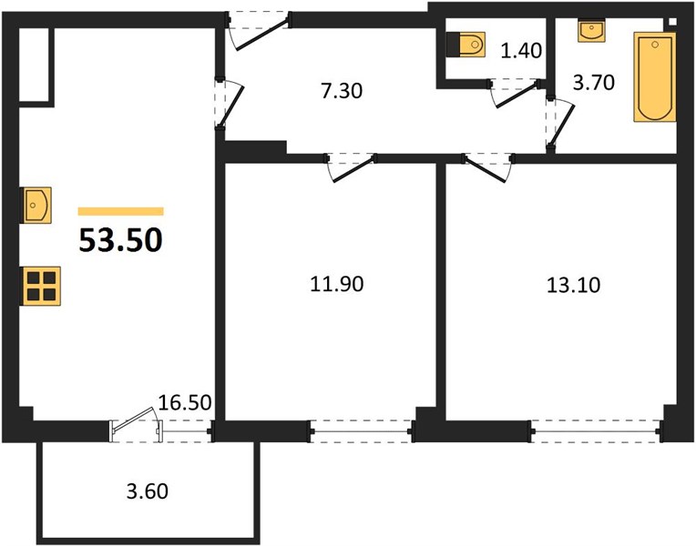 2-комнатная, 53,5 м² — планировка