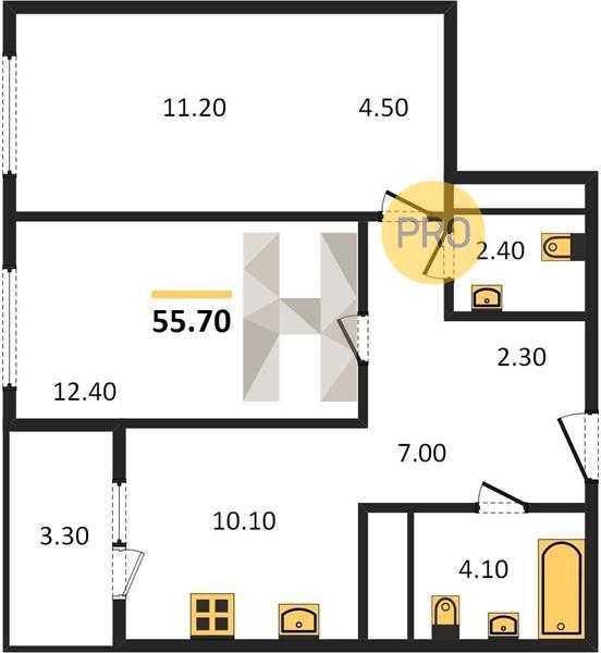 2-комнатная 55.7 м2 в ЖК Квартал Татлин корпус null этаж 29