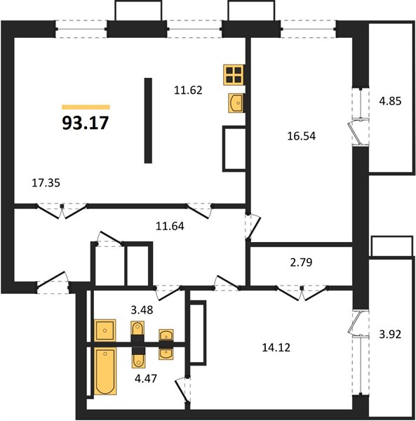 2-комнатная, 93,17 м² — планировка