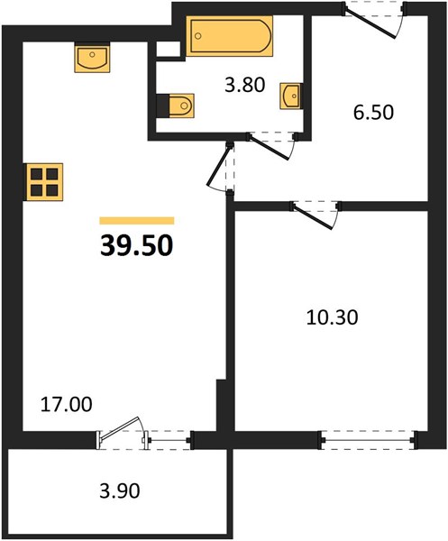 1-комнатная, 39,5 м² — планировка