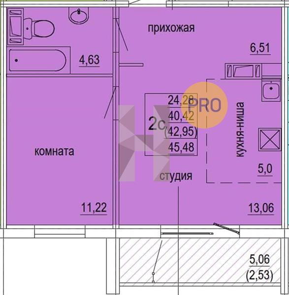 1-комнатная 43 м2 в ЖК Краснопольский корпус null этаж 3