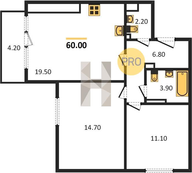2-комнатная 60 м2 в ЖК Холмогоровский 4 корпус null этаж 11