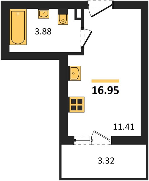 1-комнатная, 16,95 м² — планировка