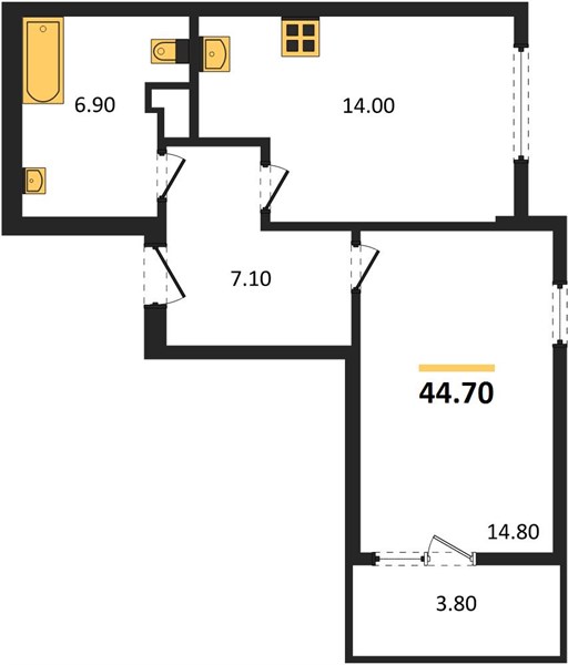 1-комнатная, 44,7 м² — планировка