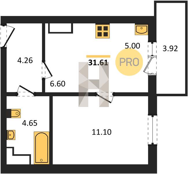 1-комнатная 31.6 м2 в ЖК ЖК «Парковый Премиум» корпус null этаж 10