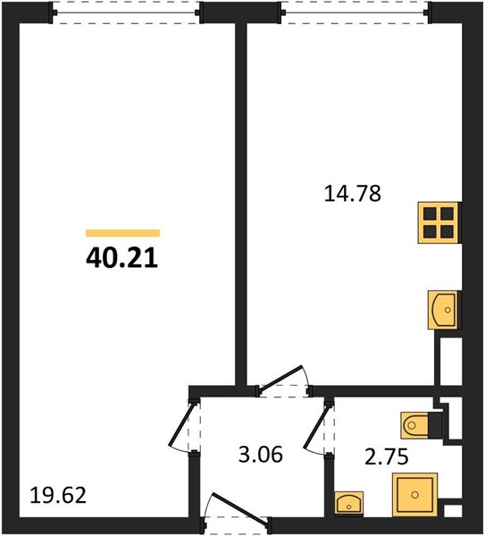 1-комнатная, 40,21 м² — планировка