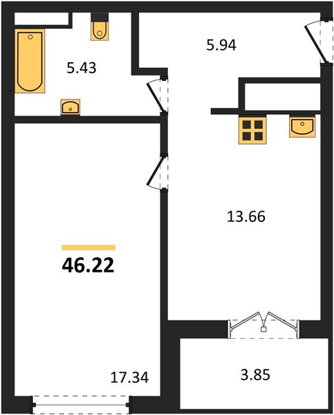 1-комнатная, 46,22 м² — планировка