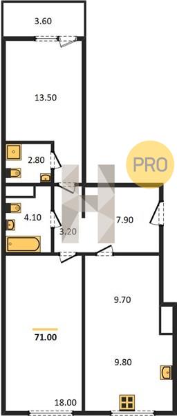 2-комнатная 70.8 м2 в ЖК Парк-квартал «Атмосфера», 2 дом корпус null этаж 16
