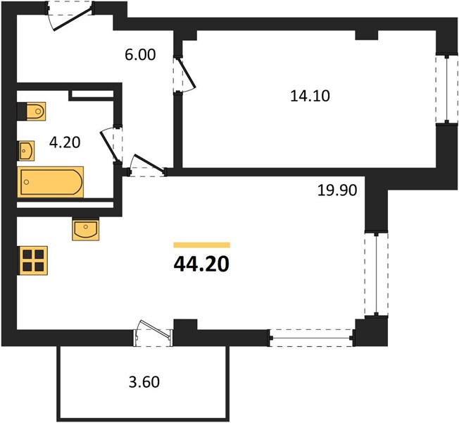 1-комнатная, 44,2 м² — планировка