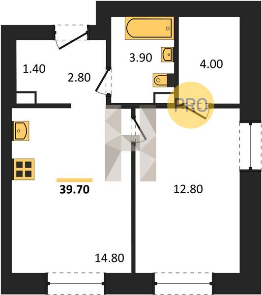 1-комнатная 40 м2 в ЖК Санвилл корпус null этаж 2
