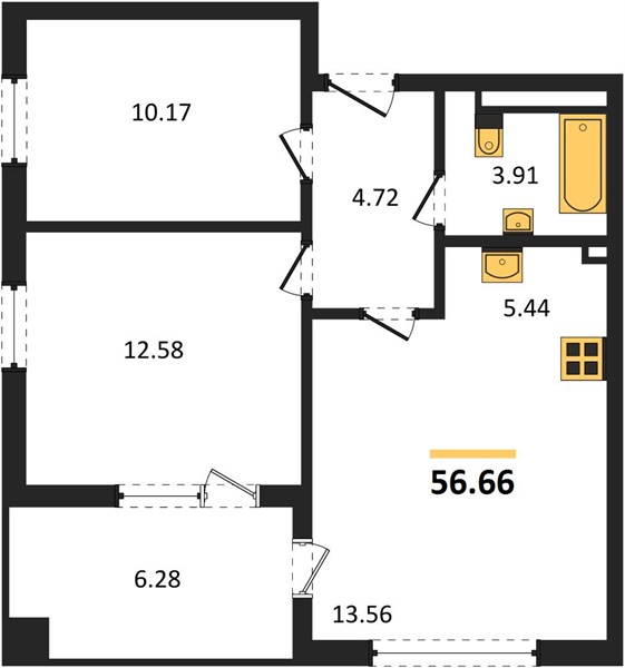 2-комнатная, 56,66 м² — планировка