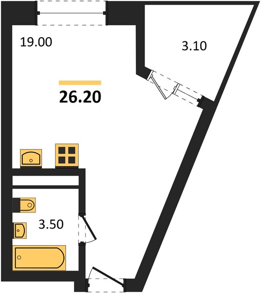 1-комнатная, 26,2 м² — планировка