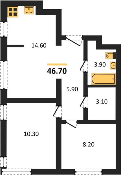 2-комнатная, 46,7 м² — планировка
