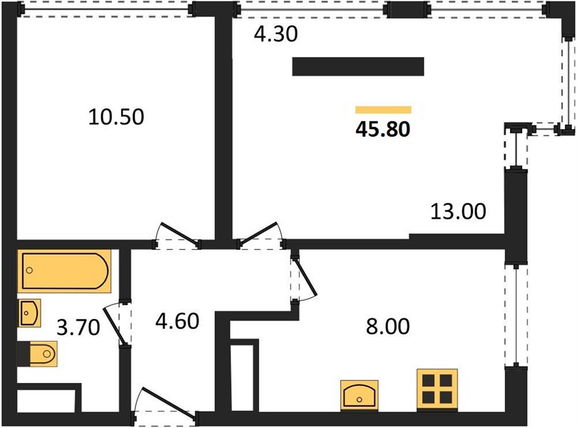 2-комнатная, 45,8 м² — планировка