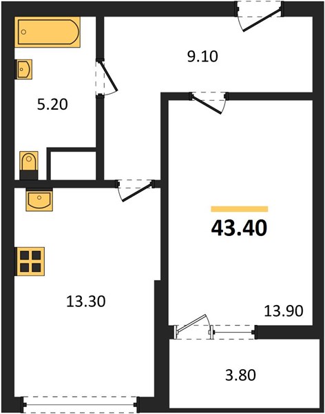 1-комнатная, 43,4 м² — планировка