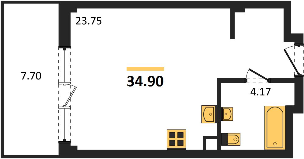 1-комнатная, 34,9 м² — планировка
