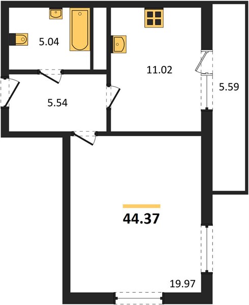 1-комнатная, 44,37 м² — планировка