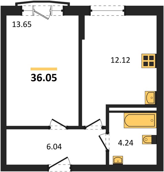 1-комнатная, 36,05 м² — планировка