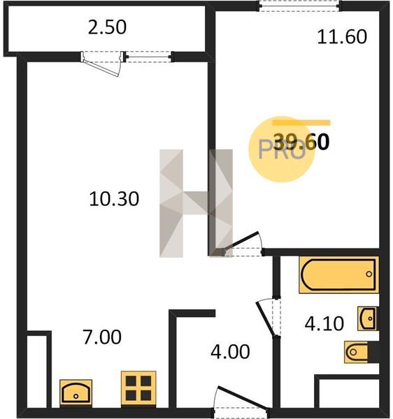 2-комнатная 39.6 м2 в ЖК Тетрис корпус null этаж 5