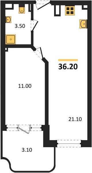 1-комнатная, 36,2 м² — планировка