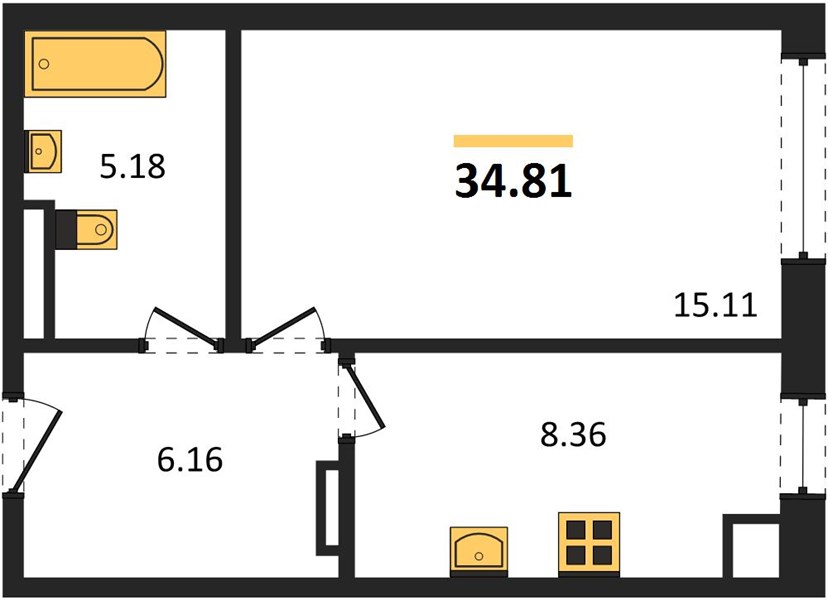 1-комнатная, 34,9 м² — планировка