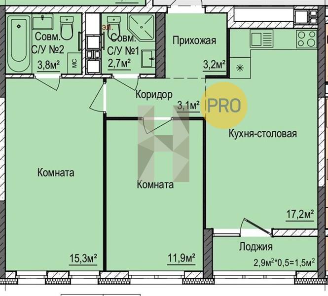 2-комнатная 58.7 м2 в ЖК ЖК «Покровский» корпус null этаж 2