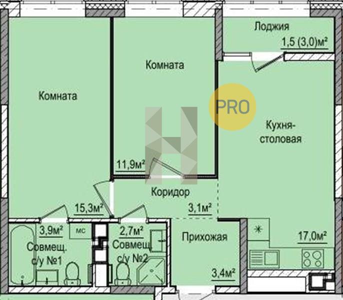 2-комнатная 58.8 м2 в ЖК ЖК «Покровский» корпус null этаж 11