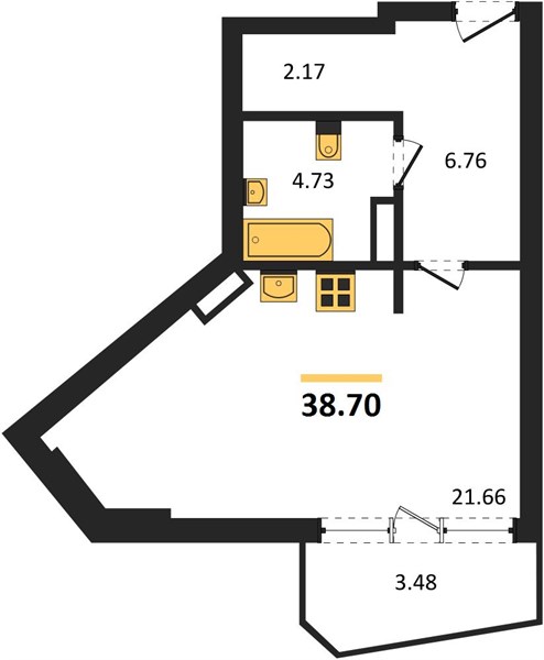 1-комнатная, 38,7 м² — планировка
