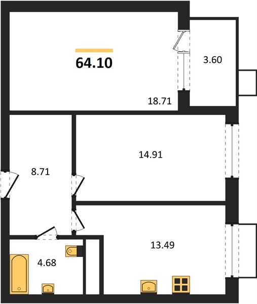 2-комнатная, 64,1 м² — планировка
