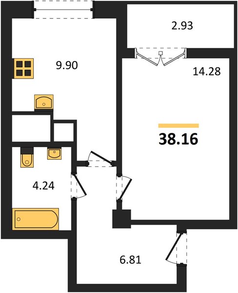 1-комнатная, 38,16 м² — планировка