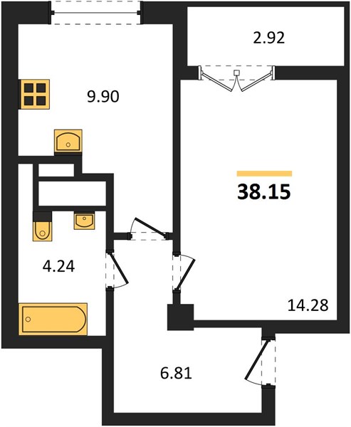 1-комнатная, 38,15 м² — планировка