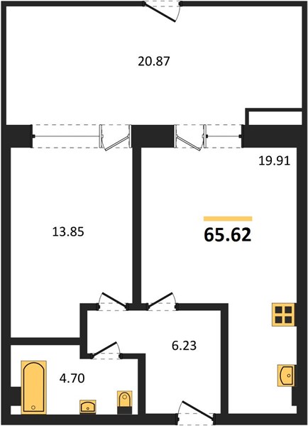 1-комнатная, 65,62 м² — планировка