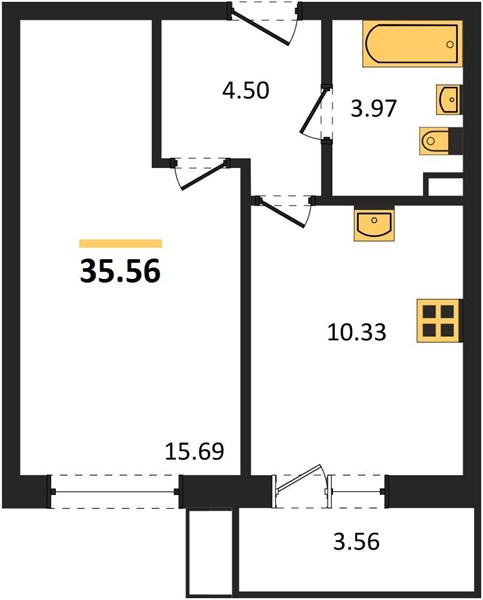 1-комнатная, 35,56 м² — планировка